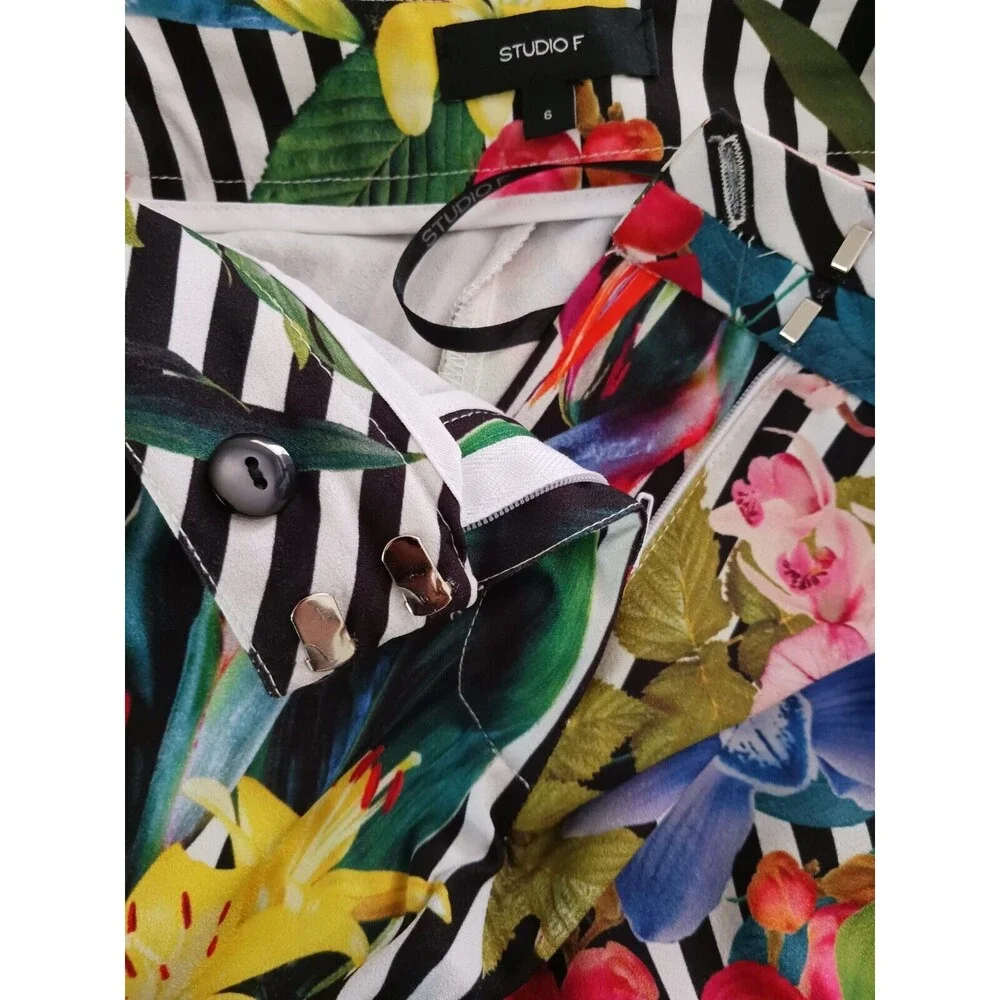 Studio F Pant Women's 6 Black White Stripe Floral High Waisted Palazzo‎ Wide Leg - Picture 2 of 10